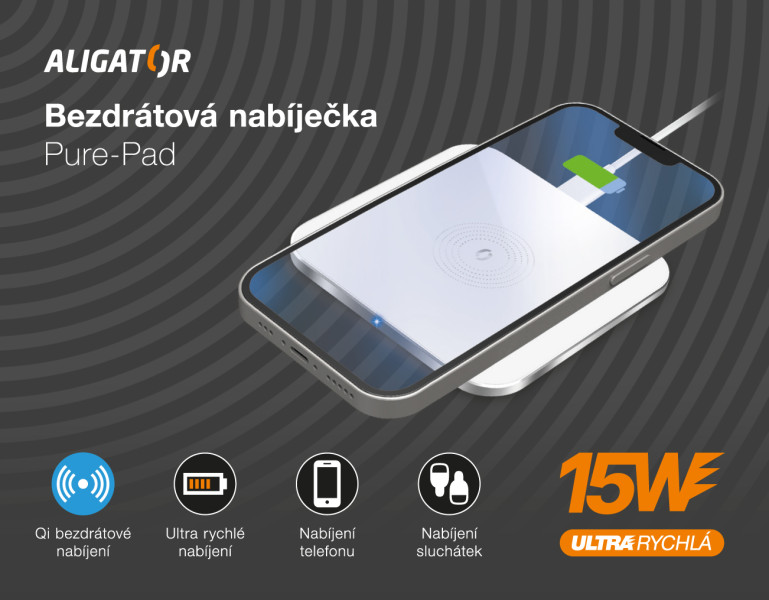 Bezdrátová nabíječka Aligator Premium 15W, bílá