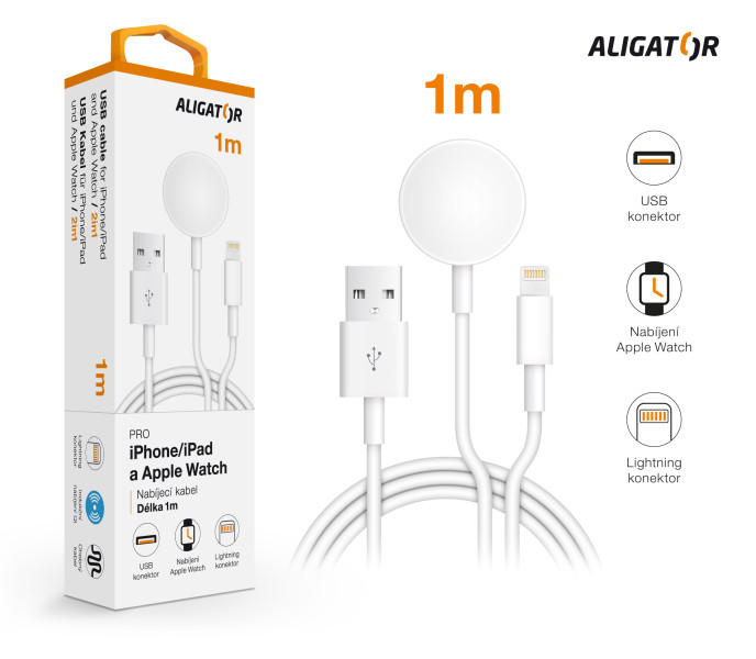 Nabíjecí kabel Aligator 2v1 Pro iPhone/iPad a Apple Watch, bílý