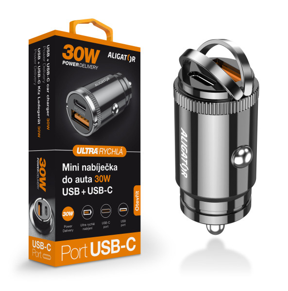 Chytrá mini nabíječka do auta ALIGATOR Power Delivery 30W, USB-C + USB-A, černá