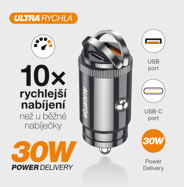 Chytrá mini nabíječka do auta ALIGATOR Power Delivery 30W, USB-C + USB-A, černá