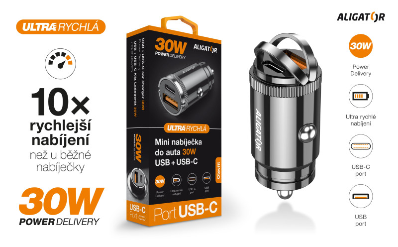 Chytrá mini nabíječka do auta ALIGATOR Power Delivery 30W, USB-C + USB-A, černá