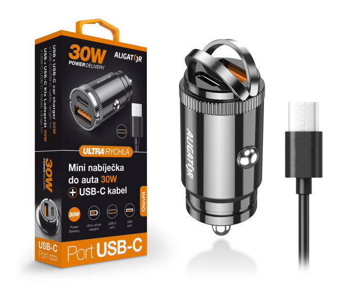 Chytrá Mini nabíječka do auta ALIGATOR Power Delivery 30W, USB-C + USB-A, USB-C/USB-C kabel, černá