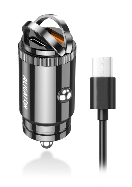 Chytrá Mini nabíječka do auta ALIGATOR Power Delivery 30W, USB-C + USB-A, USB-C/USB-C kabel, černá