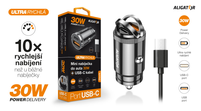 Chytrá Mini nabíječka do auta ALIGATOR Power Delivery 30W, USB-C + USB-A, USB-C/USB-C kabel, černá
