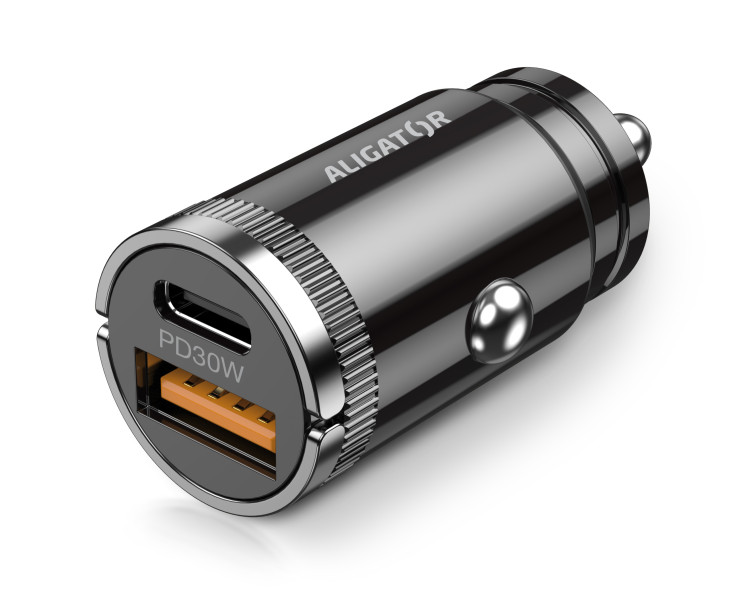 Chytrá Mini nabíječka do auta ALIGATOR Power Delivery 30W, USB-C + USB-A, USB-C kabel pro iPhone/iPad, černá