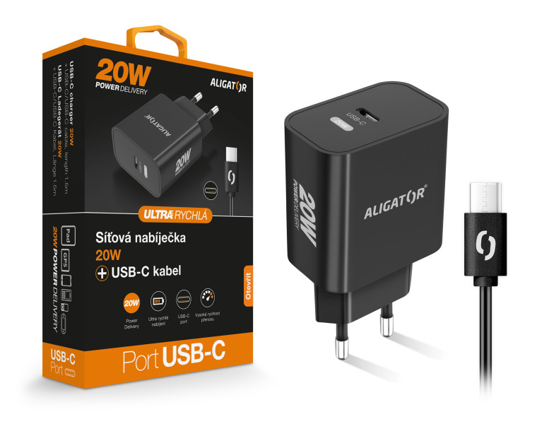 Rychlá nabíječka Aligator PD 20W USB-C, USB-C/USB-C, černá