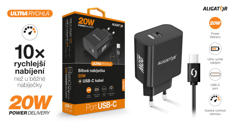 Rychlá nabíječka USB-C ALIGATOR PD 20W s kabelem černá