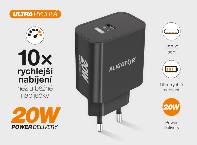 Rychlá nabíječka USB-C ALIGATOR PD 20W s kabelem černá