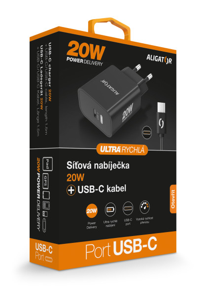 Rychlá nabíječka USB-C ALIGATOR PD 20W s kabelem černá
