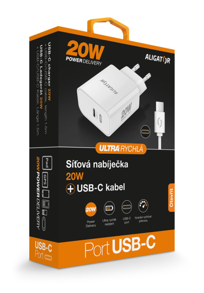 Rychlá nabíječka ALIGATOR PD 20W USB-C, USB-C/USB-C kabel, bílá