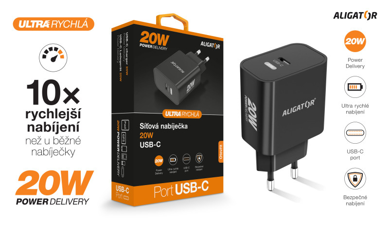 Rychlá nabíječka ALIGATOR PD 20W USB-C, černá