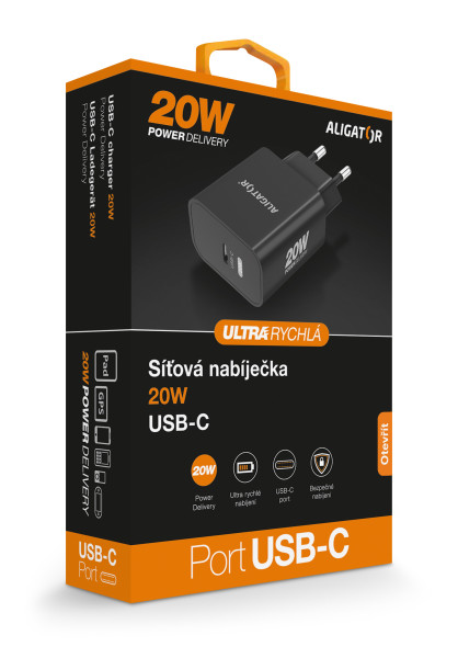 Rychlá nabíječka ALIGATOR PD 20W USB-C, černá