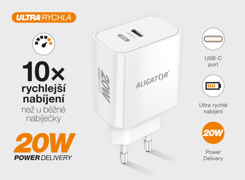 Rychlá nabíječka USB-C ALIGATOR PD 20W bílá (bez kabelu)