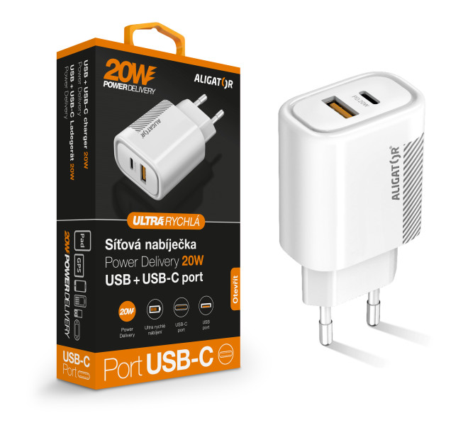 Rychlá nabíječka Aligator PD 20W USB-C + USB, bílá