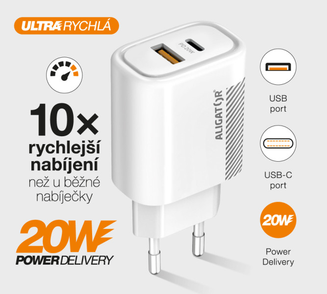 Rychlá nabíječka PD 20W USB-C + USB - Aligator, bílá