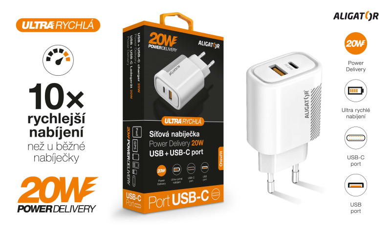 Rychlá nabíječka PD 20W USB-C + USB - Aligator, bílá