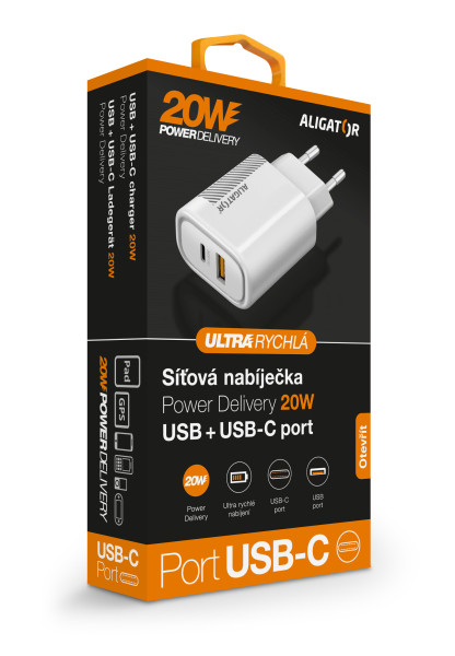 Rychlá nabíječka PD 20W USB-C + USB - Aligator, bílá