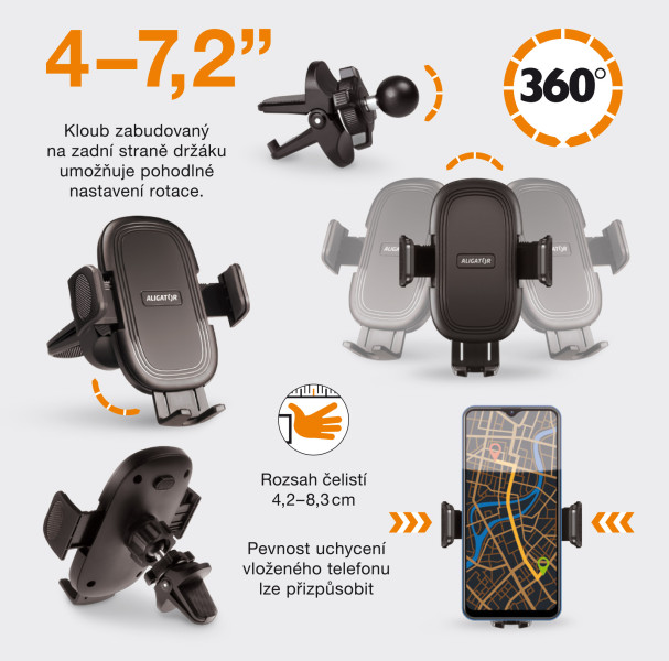 Držák do auta s nastavitelnou fixací HA20 Aligator multi do ventilační mřížky, univerzální