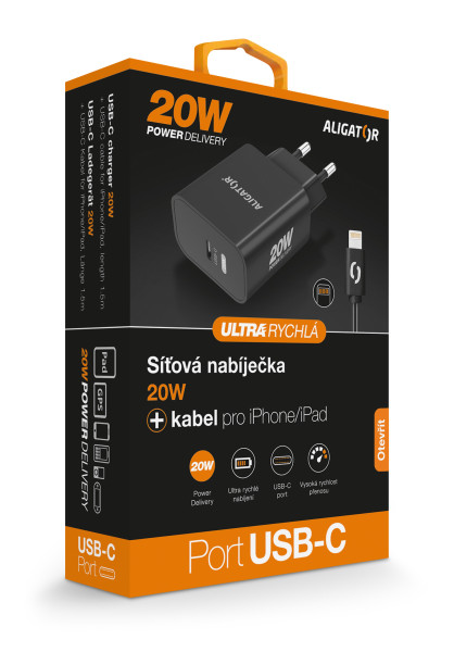 Rychlá nabíječka USB-C ALIGATOR PD 20W s kabelem USB-C/Lightning(iPhone), černá