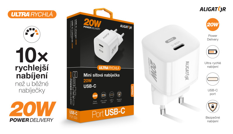 Rychlá nabíječka, PD 20W USB-C - Aligator Mini, bílá