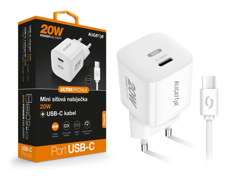 Rychlá nabíječka ALIGATOR Mini, PD 20W, USB-C/USB-C kabel, bílá