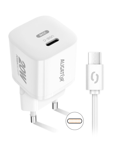 Rychlá nabíječka ALIGATOR Mini, PD 20W, USB-C/USB-C kabel, bílá