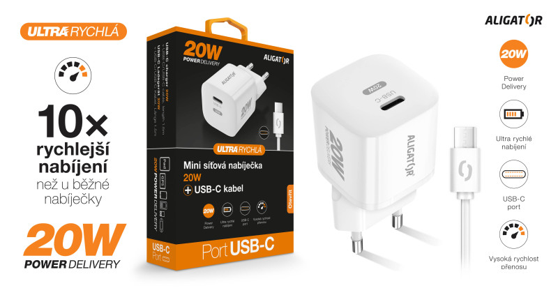 Rychlá nabíječka ALIGATOR Mini, PD 20W, USB-C/USB-C kabel, bílá