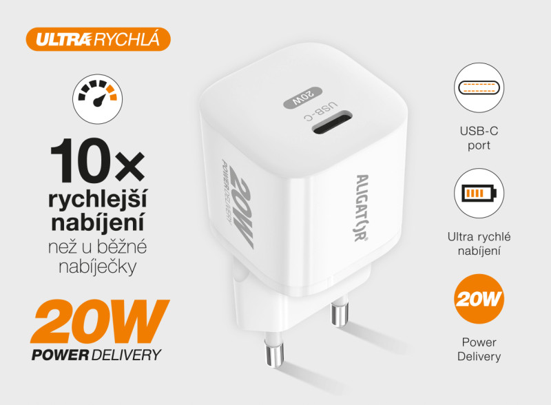 Rychlá nabíječka ALIGATOR Mini, PD 20W, USB-C/USB-C kabel, bílá