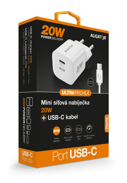 Rychlá nabíječka ALIGATOR Mini, PD 20W, USB-C/USB-C kabel, bílá