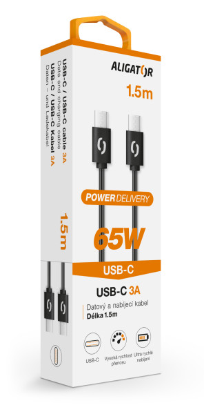 Datový kabel ALIGATOR POWER 65W, USB-C/USB-C 3A 1,5m, černý