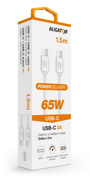 Datový kabel ALIGATOR POWER 65W, USB-C/USB-C 3A 1,5m, bílý