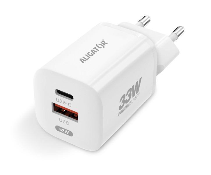 Rychlá nabíječka ALIGATOR GaN, PD 33W USB + USB-C, bílá