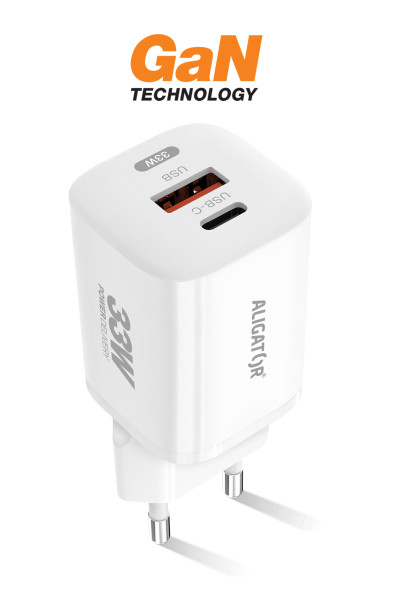 Rychlá nabíječka ALIGATOR GaN, PD 33W USB + USB-C, bílá