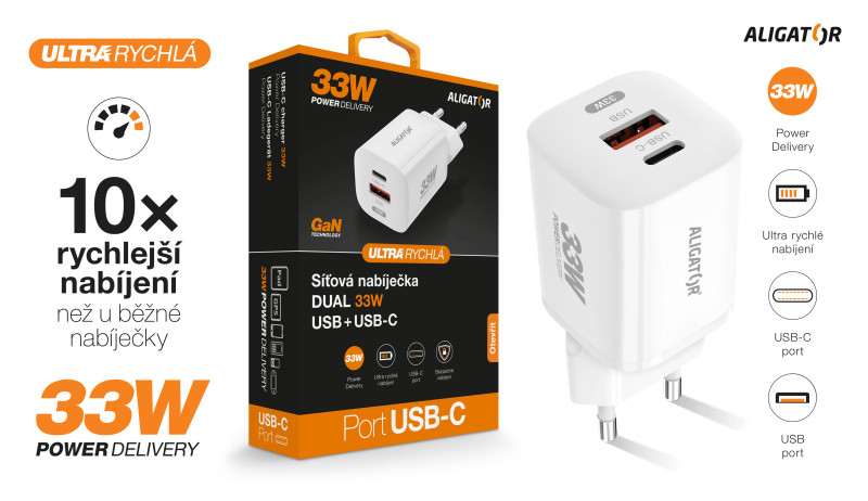 Rychlá nabíječka ALIGATOR GaN, PD 33W USB + USB-C, bílá