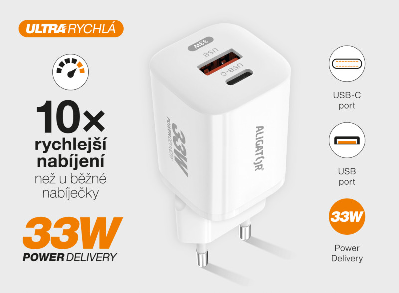 Rychlá nabíječka ALIGATOR GaN, PD 33W USB + USB-C, bílá