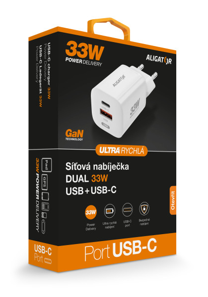 Rychlá nabíječka ALIGATOR GaN, PD 33W USB + USB-C, bílá