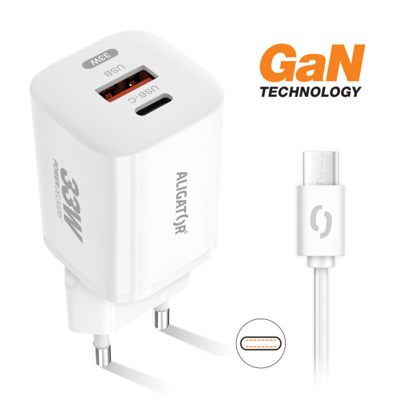 Rychlá nabíječka, PD 33W, USB-C/USB-C kabel - Aligator GaN, bílá