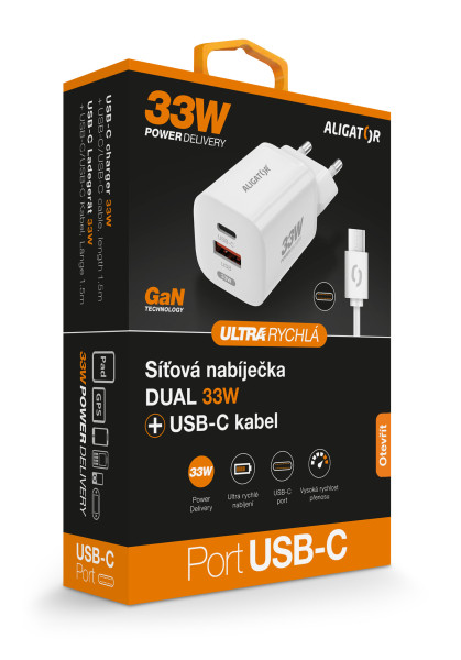 Rychlá nabíječka, PD 33W, USB-C/USB-C kabel - Aligator GaN, bílá