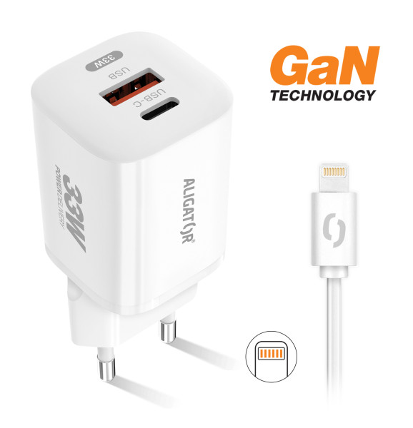 Rychlá nabíječka Aligator GaN, PD 33W, USB-C/lightning kabel, bílá