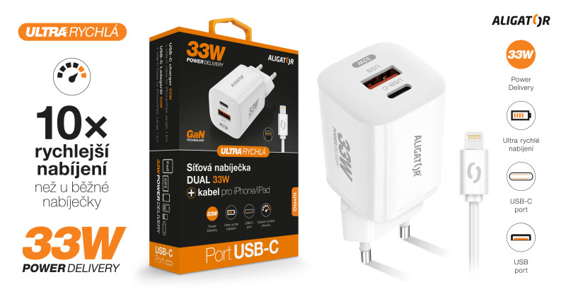 Rychlá nabíječka Aligator GaN, PD 33W, USB-C/lightning kabel, bílá