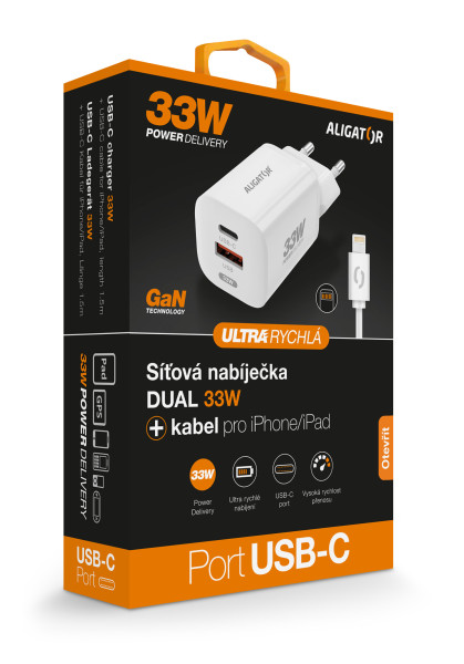 Rychlá nabíječka Aligator GaN, PD 33W, USB-C/lightning kabel, bílá