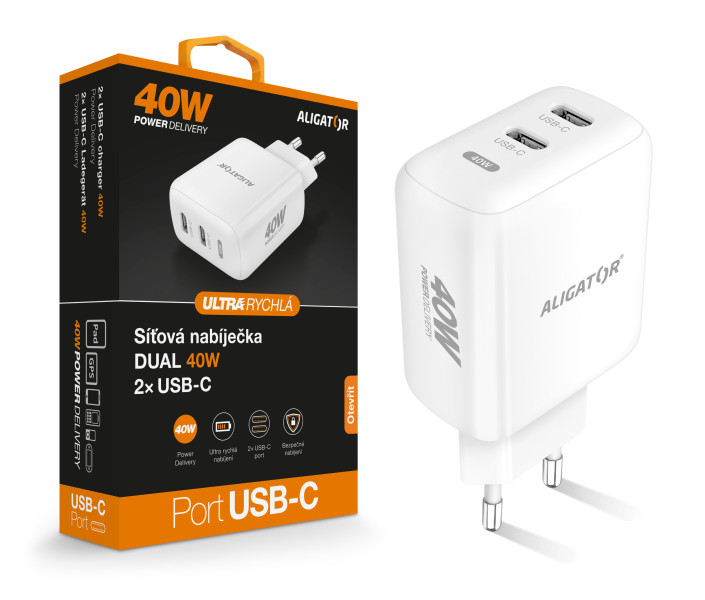 Rychlá nabíječka ALIGATOR, PD 40W 2xUSB-C, bílá