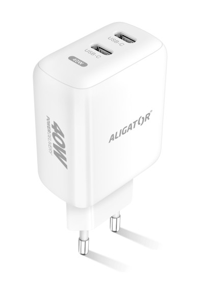 Rychlá nabíječka ALIGATOR, PD 40W 2xUSB-C, bílá