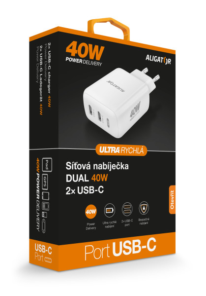 Rychlá nabíječka ALIGATOR, PD 40W 2xUSB-C, bílá