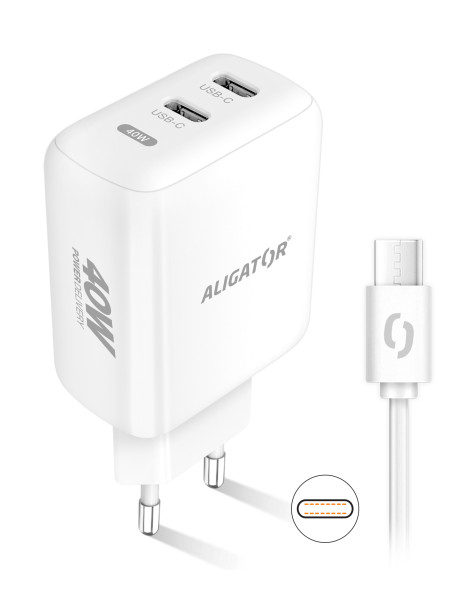 Rychlá nabíječka PD 40W, 2xUSB-C, USB-C/USB-C kabel - Aligator, bílá