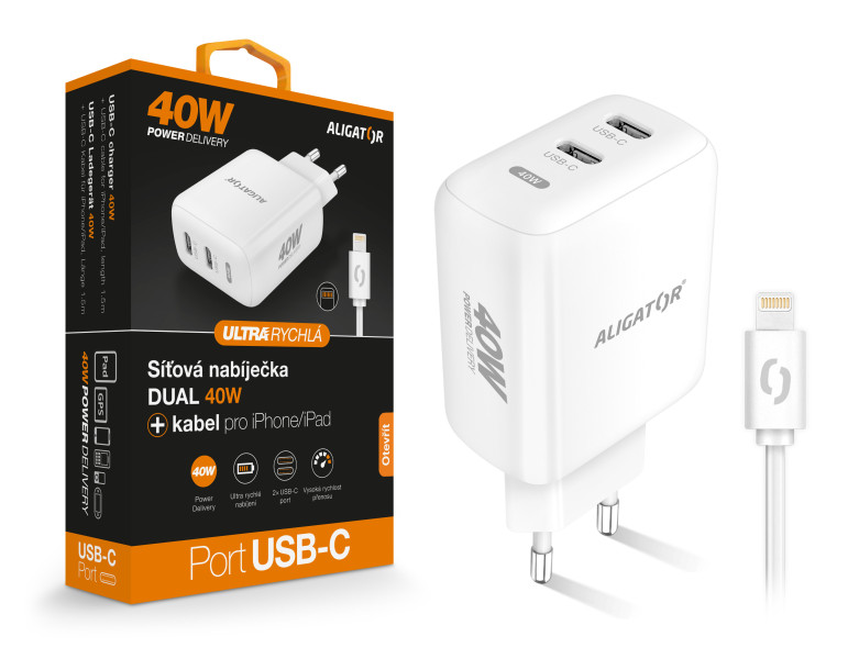 Rychlá nabíječka Aligator, PD 40W, 2xUSB-C, USB-C/lightning kabel, bílá
