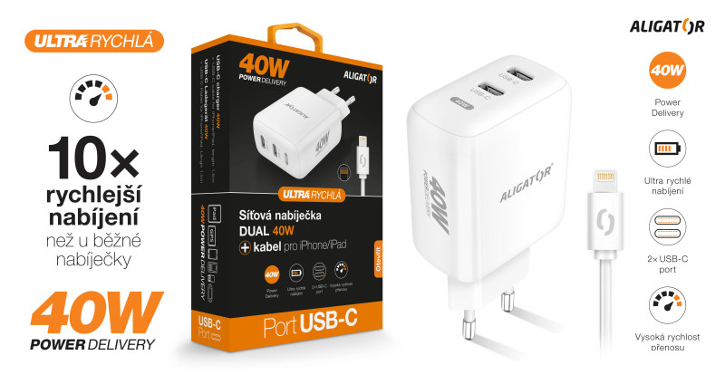 Rychlá nabíječka Aligator, PD 40W, 2xUSB-C, USB-C/lightning kabel, bílá