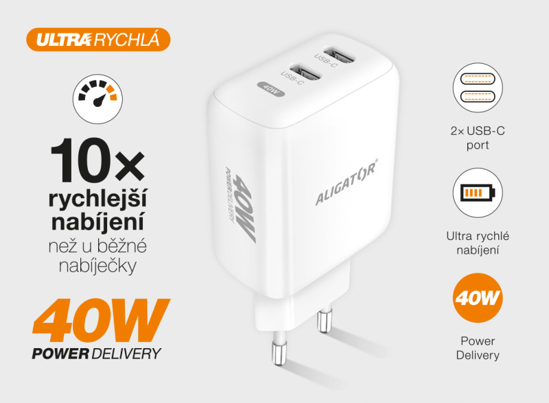 Rychlá nabíječka Aligator, PD 40W, 2xUSB-C, USB-C/lightning kabel, bílá