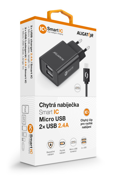 Nabíječka cd ali MicroUSB 2xUSB výst. 2,4A, Smart ic, černá