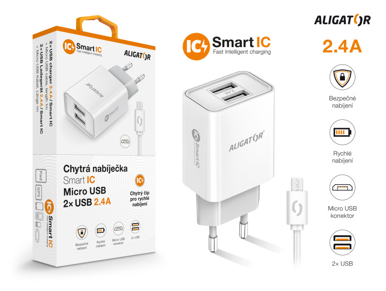 Nabíječka cd ali MicroUSB 2xUSB výst. 2,4A, Smart ic, bílá